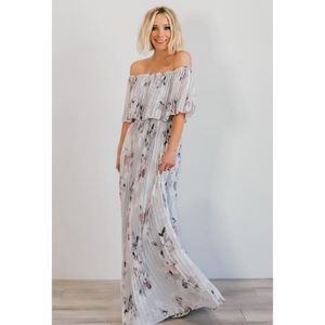 Gray Floral Pleated Maxi Dress